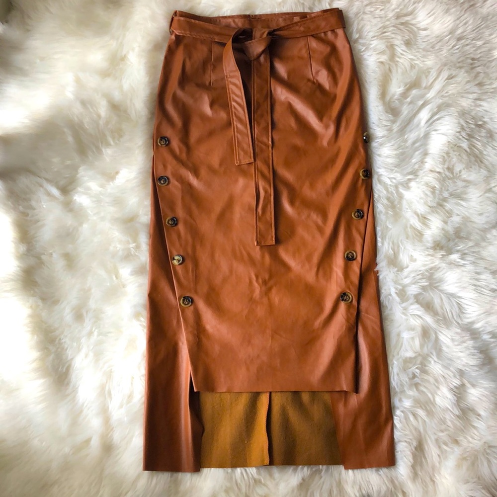 Cognac Leather High Waist Midi Skirt